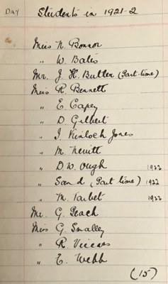 Manuscript list of student names, from 1923.