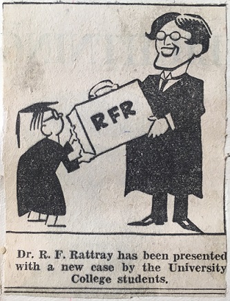 Caricature of Dr Rattray being presented with a case when he left the University College in 1931. Taken from page 134 of the second press cuttings book in the University archives. Caption below reads 'Dr. R. F. Rattray has been presented with a new case by the University College students.'