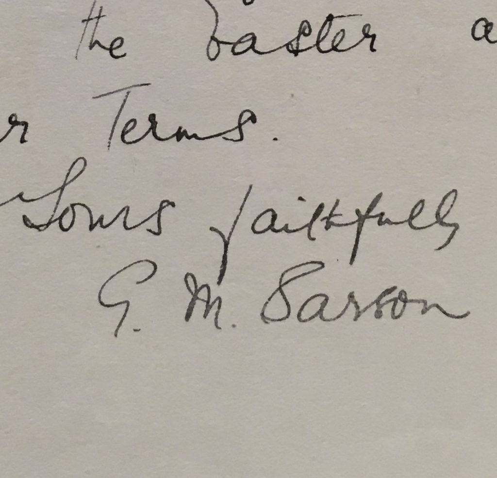 Miss Gladys Sarson's signature, 1925, from a letter to Mr Gibbs confirming her availability for teaching the following year.
