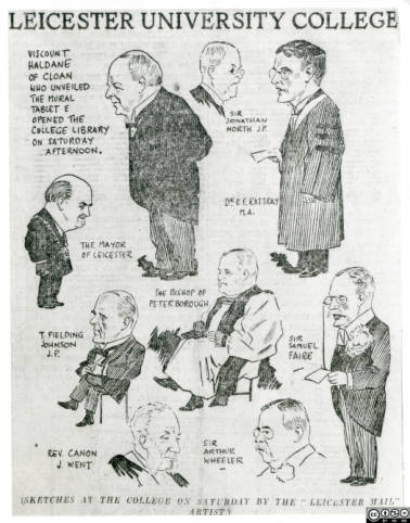 Cartoon of founding figures of the University of Leicester from Leicester Mail 1923. Pictured are Viscount Haldane, Sir Jonathan North, Dr Rattray, the Bishop of Peterborough, Sir Samuel Faire, Sir Arthur Wheeler, Rev. Canon J. Went.