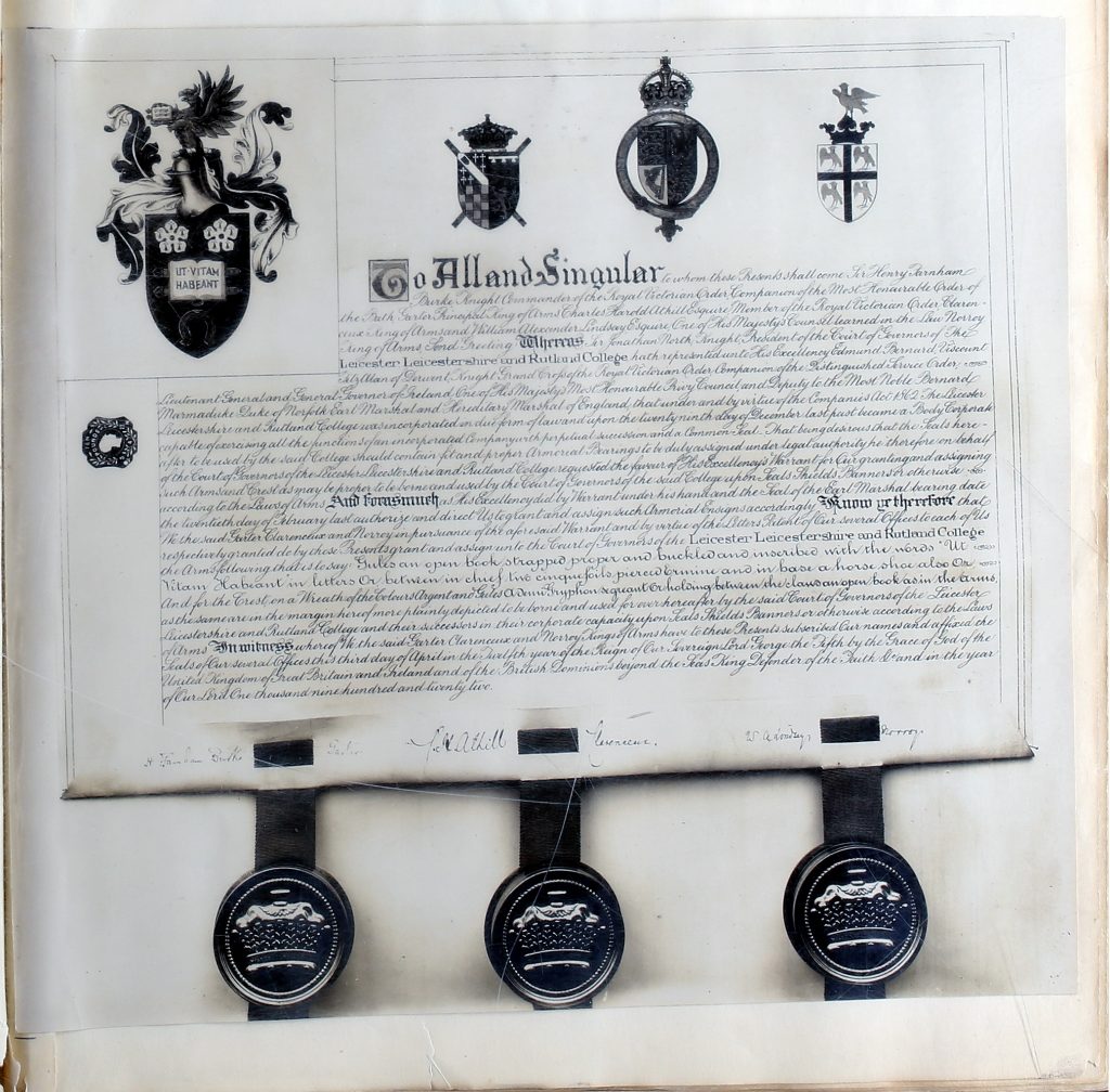 Copy of the Grant of Arms from the College of Arms, this copy inside Dr Astley Clarke's scrapbook. The original document is dated 3rd April 1922.