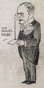 Cartoon of Sir Samuel Faire from the Leicester Mail, 07 May 1923, from a collection of press cuttings in the University Archives.