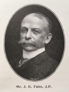 Photograph of John Edward Faire, with caption Mr J E Faire, JP.