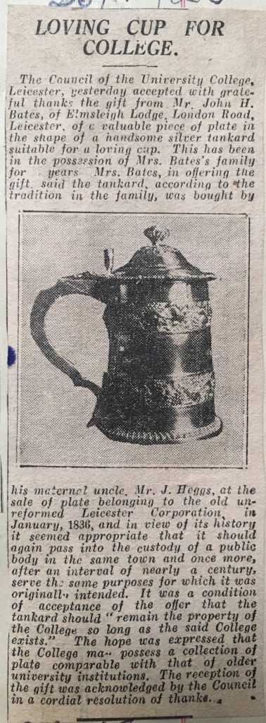 Press cutting titled 'Loving cup for College', showing a photograph of the cup.