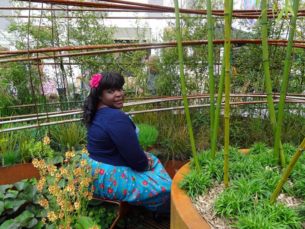 Dr Maggie Aderin-Pocock MBE in the Dark Matter garden, RHS Chelsea 2015