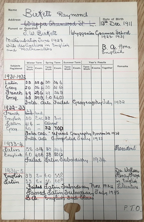 Raymond Birkett's student record card, University of Leicester Archives, ULA/SR1/B/82