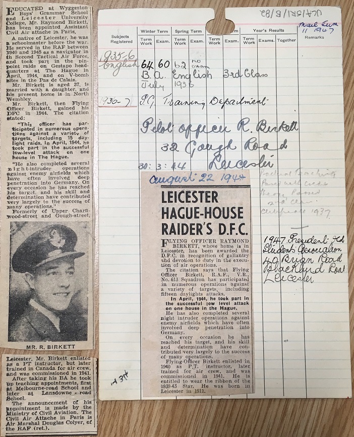 Reverse of Raymond Birkett's student record card, with clippings that were attached. University of Leicester Archives, ULA/SR1/B/82.