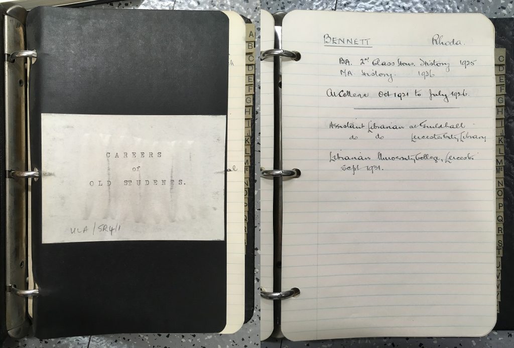 Inside cover and one page from the 'Careers of Old Students' book in the University of Leicester Archives (ULA/SR4/1), showing the entry for Rhoda Bennett