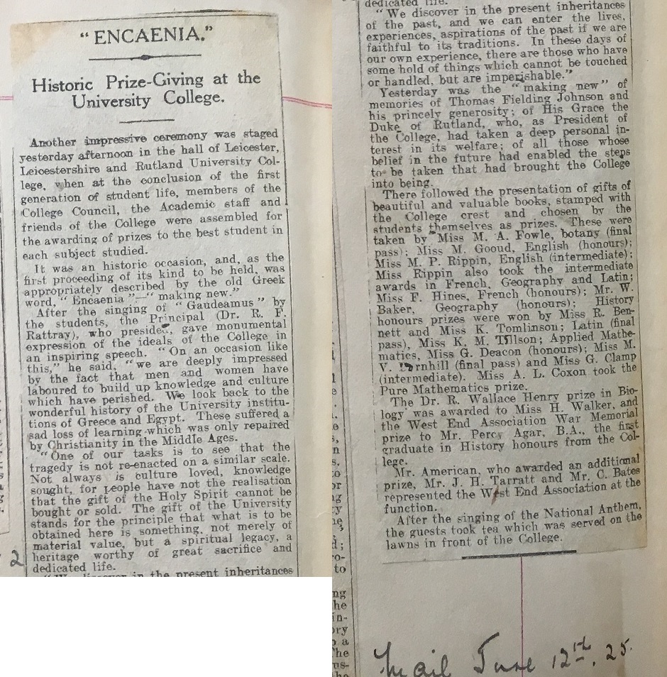 Clipping from the Leicester Mail, 12th June 1925, reporting on the first ever Encaenia (prize-giving) ceremony at the University College (from the University of Leicester Archives Press Cuttings books ULA/PCB1/p.84)