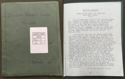 Photograph of cover and first page of Leicester University College Magazine