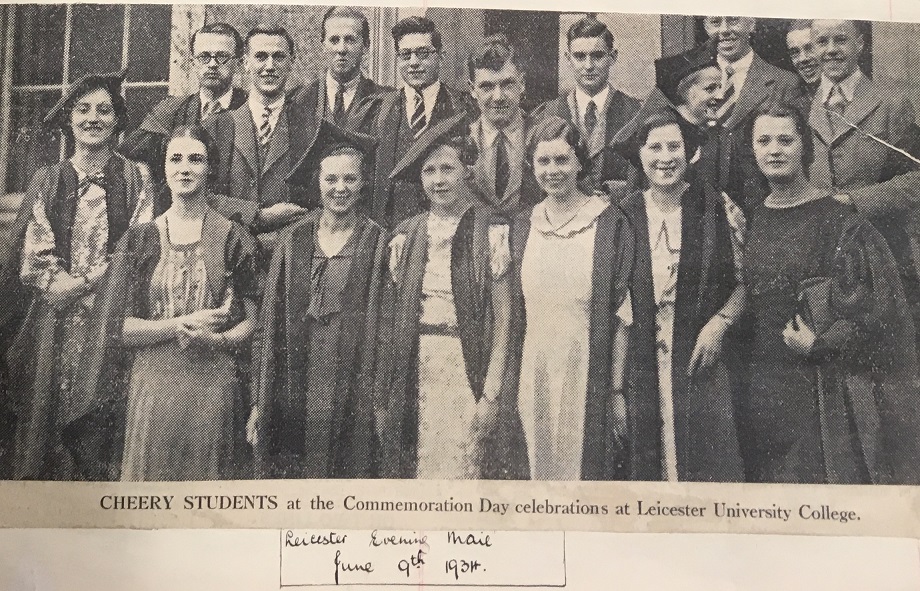 J H Plumb (back left) at graduation from the University College at Leicester in June 1934: a clipping kept in the University of Leicester Archives, Press Cuttings Book 2, p.169, from the Leicester Evening Mail 09 June 193