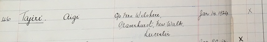 Aigi Tajiri's name as it appears in the first Student Register book, he is recorded as studying English in the 1923-24 year (University of Leicester Archives, ULA/SR2/1)