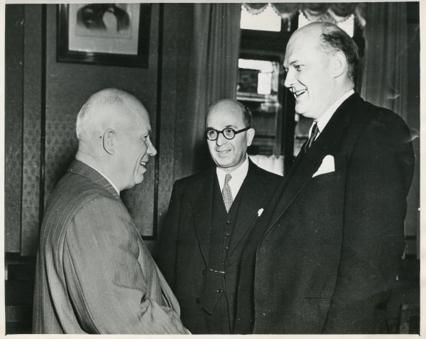 Black and white photograph of Cyril Osborne meeting Nikita Kruschev, courtesy Peter Osborne.