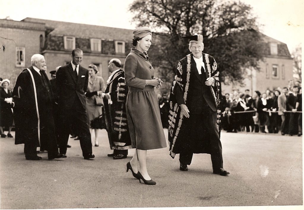 Black and white photograph of Queen Elizabeth II at the opening of the Percy Gee Building 1958